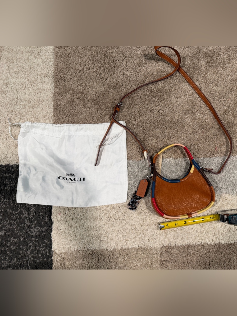 Coach Brown Pebbled Leather Crossbody with Rainbow Trim